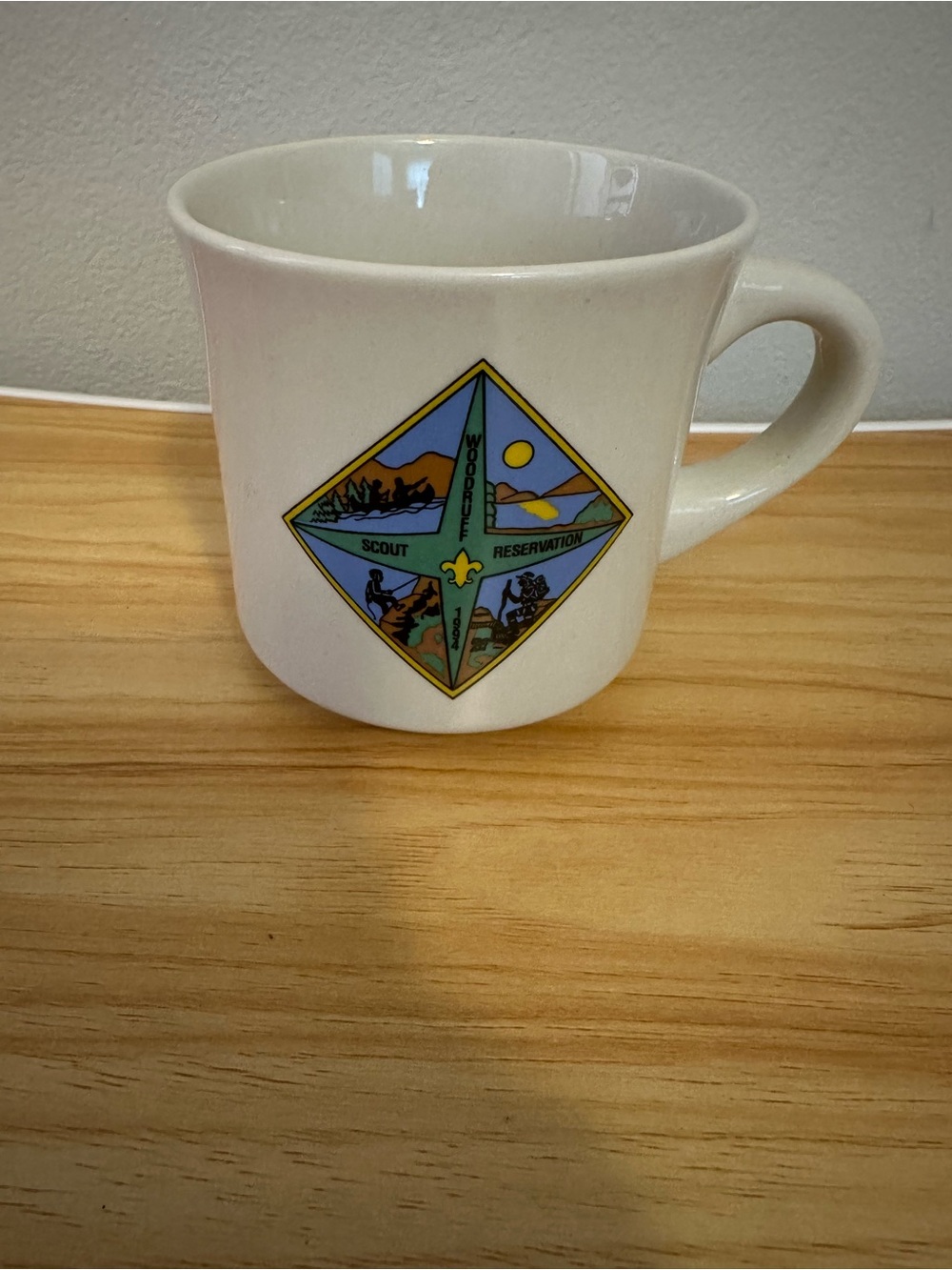 Vintage 1994 woodruff Scout Reservation White Ceramic Mug with Camp Emblem